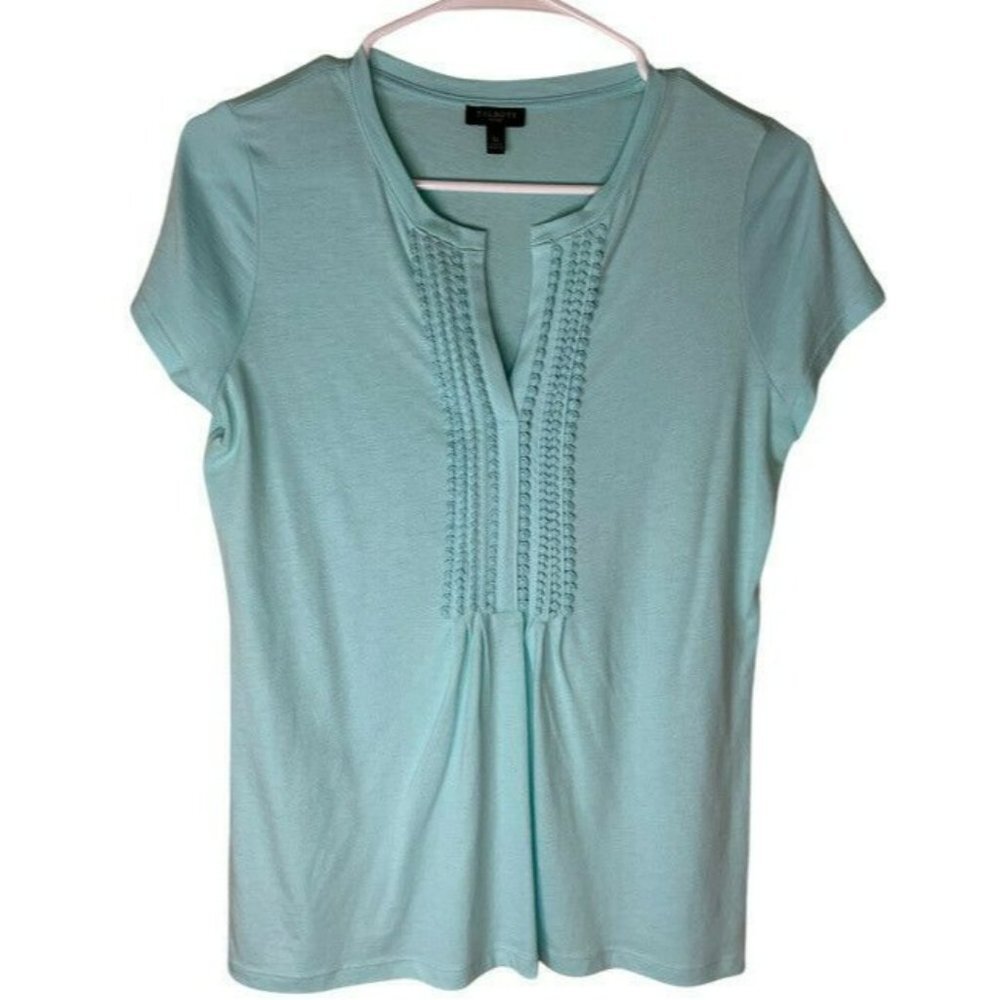 TALBOTS TEE Petite Small blue/green t-shirt cotton blend short sleeve Detailing